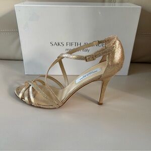 Saks Fifth Avenue SABRINA Gold Suede Sandals, Size 9